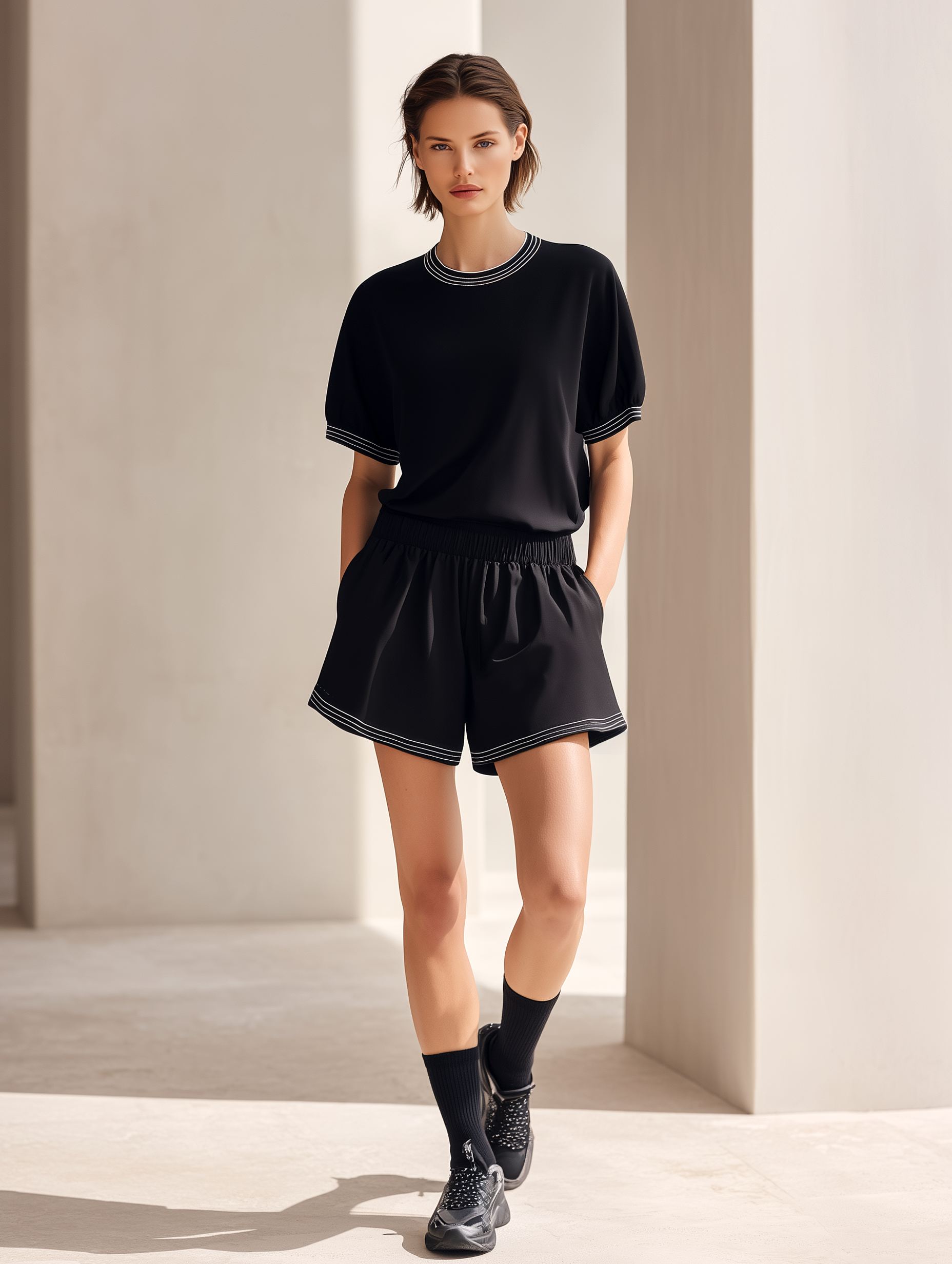 Sophisticated Black Short-Sleeve Crewneck Set With Youthful Striped Trim & Casual Shorts
