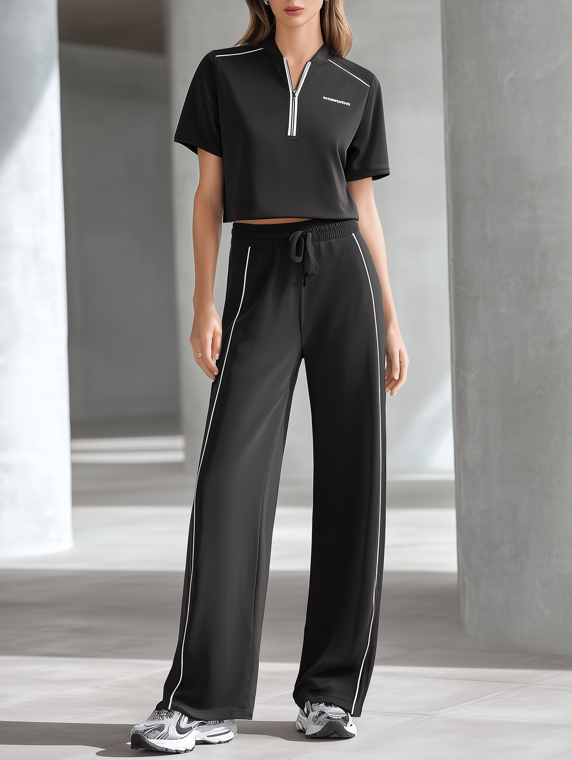 High-Street Style Casual Set  Youthful Black Short-Sleeve Top With Half-Zip & Wide-Leg Pants