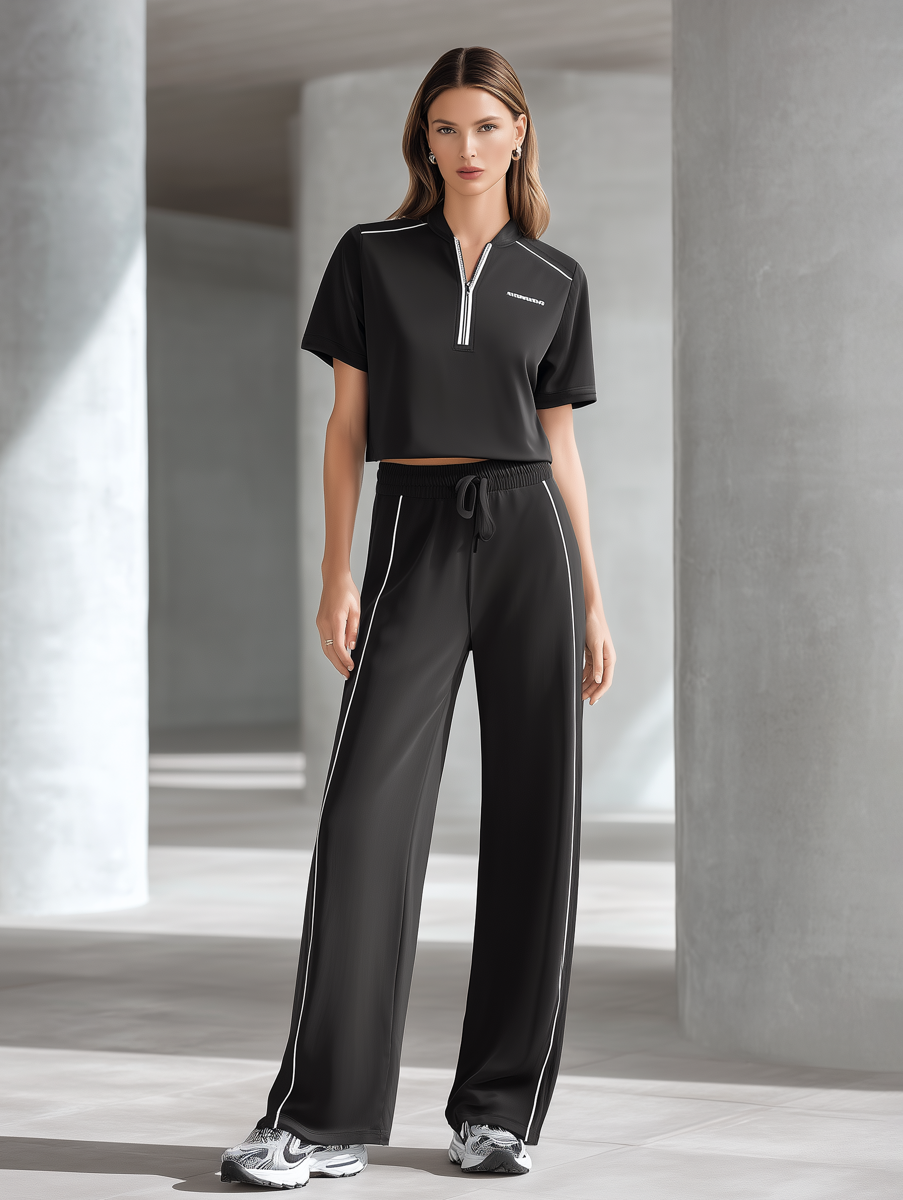 High-Street Style Casual Set  Youthful Black Short-Sleeve Top With Half-Zip & Wide-Leg Pants